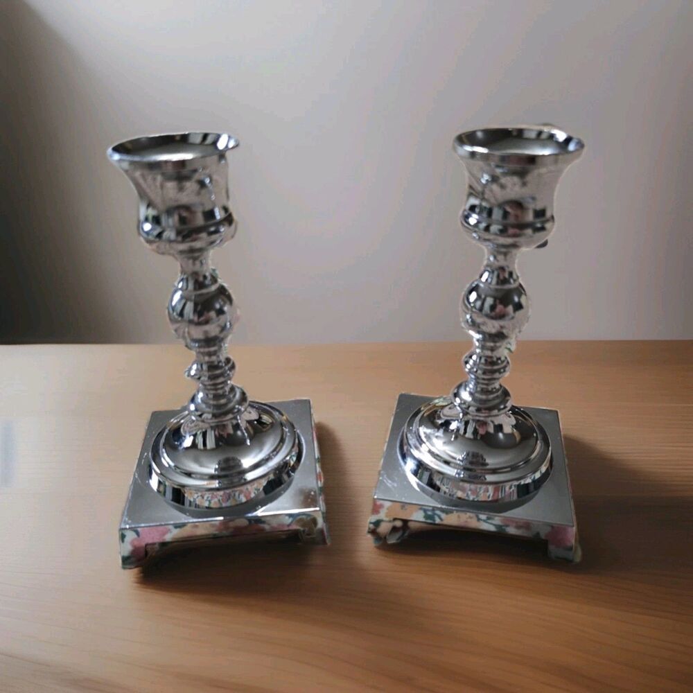 Vintage Polished Chrome Square Base Candlestick Holders - Matching Pair